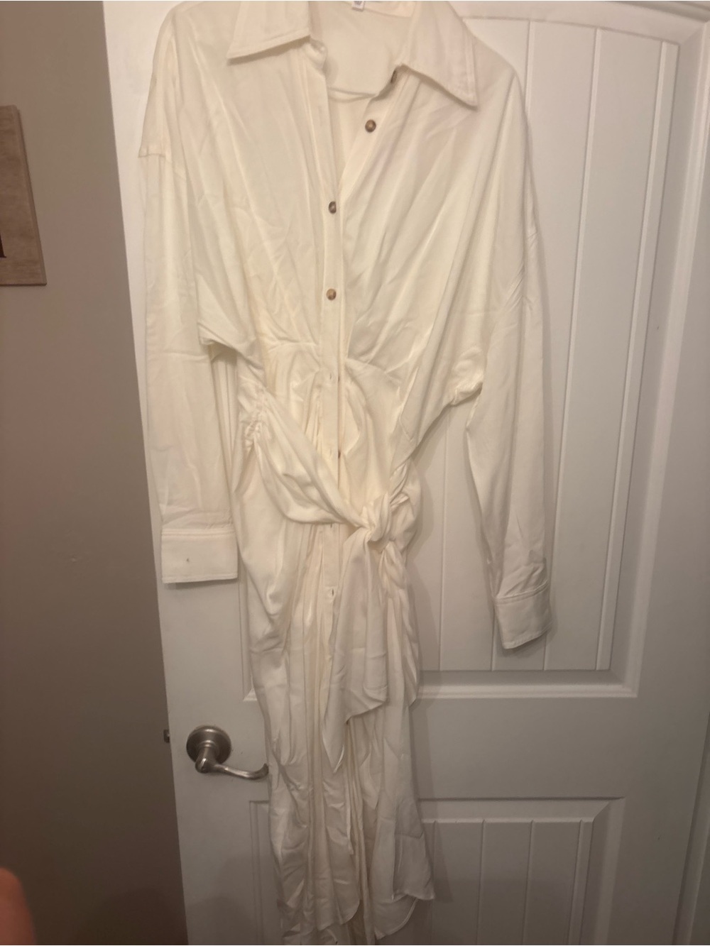 Cream Button-Front Maxi Shirt Dress with Tie Waist